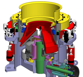 3D exploded view of SBM cone crusher components, showing mantle, bowl liner and key parts assembly